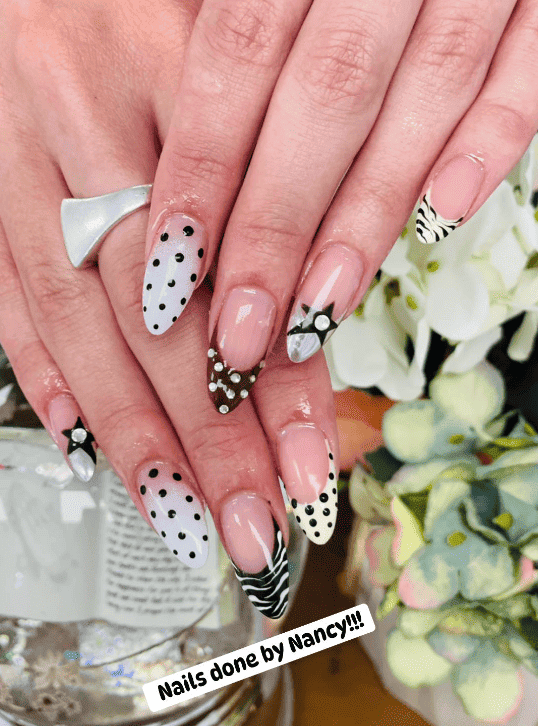 Black white polka dot daisy nail art Hy Nails Inc Cambridge